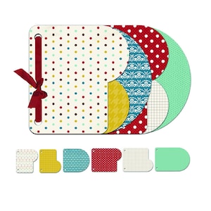 May include: A set of six colorful fabric scraps with polka dot, geometric, and plaid patterns. The scraps are in the shape of a rectangle and a half circle. The scraps are perfect for crafting projects.