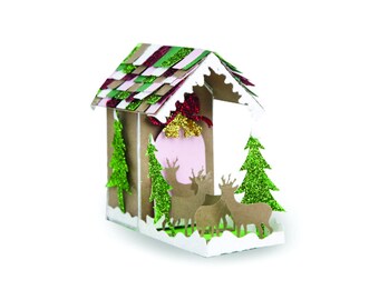 Écurie 3D, svg de maison de Noël, fichier de coupe, camée, silhouette, Cricut, projet de Noël bricolage, village de Noël, modèles de maison, cerf, arbres