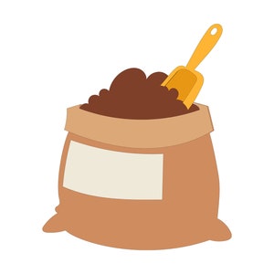 以下が含まれることがあります： 茶色の紙袋に、茶色のコーヒー豆と黄色のスコップが入っています。