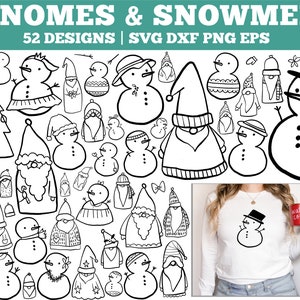 May include: A set of 52 black and white digital clipart designs featuring gnomes and snowmen. The designs include various poses and styles, such as gnomes with hats and beards, snowmen with hats and scarves, and a variety of winter-themed accessories.  The text "GNOMES & SNOWMEN" and "52 DESIGNS | SVG DXF PNG EPS" is included in the image.