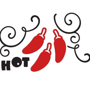Puede incluir: Pimientos rojos con remolinos negros y la palabra "HOT" en letras negras.