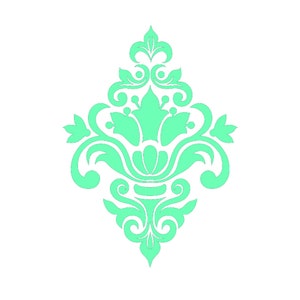 May include: A symmetrical, ornate design in a soft, mint green color. The design features floral and scroll elements, creating a classic, elegant pattern. The background is plain white, highlighting the intricate details of the design.