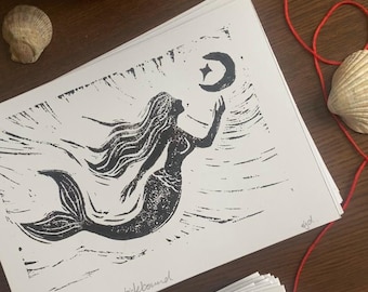 Tidebound Mermaid Print | Original Linocut Print
