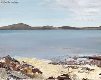 May include: A painting of a seascape with a sandy beach in the foreground and a distant mountain range in the background. The sky is a light blue with some white clouds.