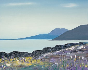 May include: A painting of a landscape with a body of water in the foreground and a mountain range in the background. The water is a light blue color and the mountains are a dark gray color. The foreground is covered in purple and yellow wildflowers.