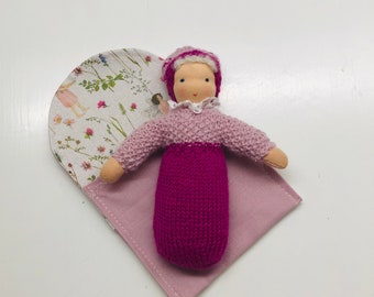 Cute little dolls. Waldorf doll. Knitted baby in sleeping bag. Birth-baptism gift. Unique. Baby shower.