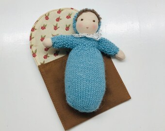 Cuddly dolls. Waldorf doll. Knitted baby in sleeping bag. Birth - baptism gift. Unique. Baby shower.