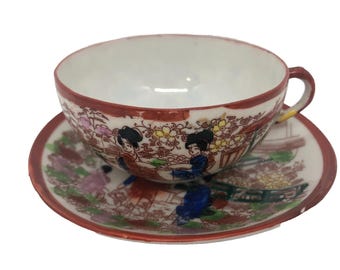 Juego de taza y platillo de té de porcelana Kutani japonesa vintage pintado a mano, hecho en Japón