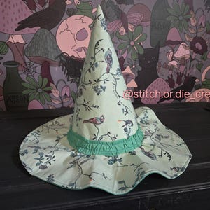 May include: A light green witch hat with a wide brim and a pointed top. The hat features a floral and bird pattern with a green ruffled band. The background is a colorful wallpaper with various whimsical illustrations.