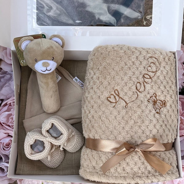 Personalised Baby Blanket gift Set Box Teddy Bear Baby Shower newborn Gift Blanket Hat muslin Toy