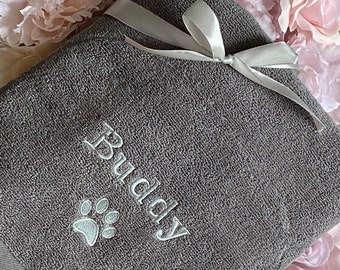 Personalised Dog Towel Walks Muddy Paws Bath Puppy Gift Embroidered Grey