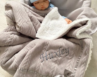 Personalised Baby blanket knitted grey bow detail sherpa reverse boy girl gift new baby