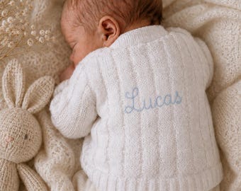 Personalised Baby Cardigan knitted embroidered name baby shower newborn gift 0-3 months