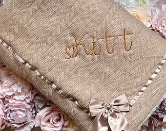 Personalised Baby Blanket Knit With Bow Details Embroidered Heart Name New Baby Gift