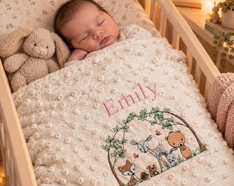 Personalised woodland animals baby blanket embroidered gift newborn