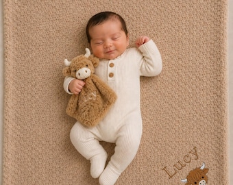 Personalised Baby Blanket and comforter highland cow gift set boxed embroidered