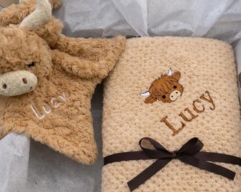 Personalised Baby Blanket gift Set Box Highland Cow Toy New baby gift baby shower
