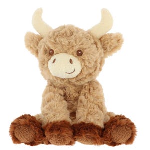 May include: A plush Highland cow toy with a light brown body, darker brown hooves, and cream-colored horns. The stuffed animal has a smiling face with brown eyes and a white muzzle. The toy is designed to sit upright.