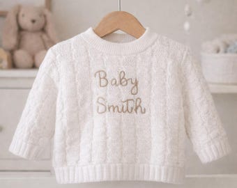 Personalised Baby Cardigan Knitted Embroidered Chain Stitch Font 0-3 Months New Baby Gift Pregnancy  Announcement