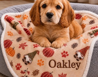 Personalised Dog/Puppy Cat Blanket Autumn Halloween Throw Gonk embroidered name