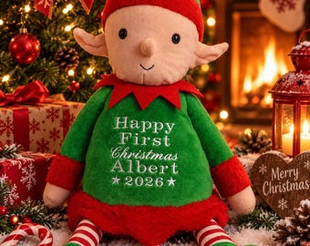 Personalised christmas toy elf embroidered name first christmas gift baby toddler