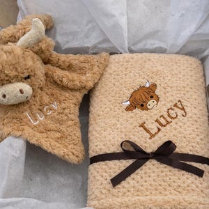 Personalised Baby Blanket Gift Box Highland Cow Comfort Toy Embroidered Newborn Baby Shower bild 2