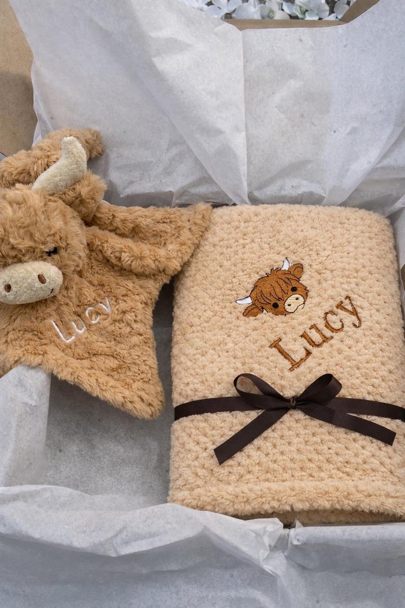 Personalised Baby Blanket Gift Box Highland Cow Comfort Toy Embroidered Newborn Baby Shower bild 2