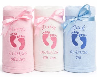 Personalised Baby Blanket Embroidered footprints Name Date Weight newborn christening gift new baby