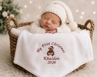 Personalised Babies 1st first christmas xmas blanket teddy bear gift embroidered name 2026