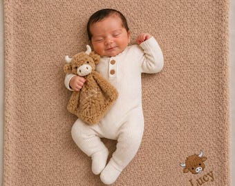 Personalised Baby Blanket and comforter highland cow gift set boxed embroidered
