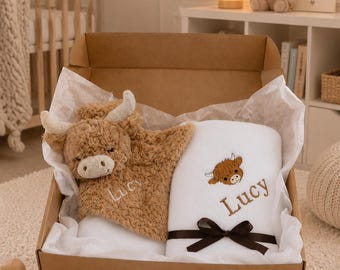 Personalised Baby Blanket Gift Box Highland Cow Comfort Toy Embroidered Newborn