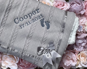 Personalised Baby Blanket Knit with bow New Baby Gift Boy Girl embroidered