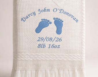Personalised Baby Blanket Shawl Footprints Embroidered name date weight christening gift newborn
