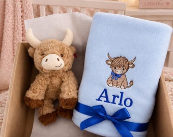 Personalised Baby Blanket gift Set highland cow box blanket new baby gift shower