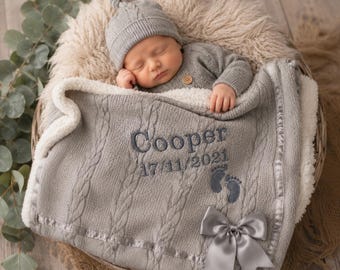 Personalised Baby Blanket Knit with bow New Baby Gift Boy Girl embroidered