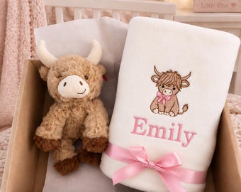 Personalised baby gift set highland cow toy and blanket newborn gift