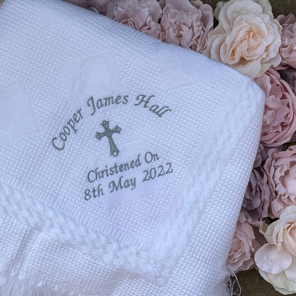 Personalised Baby Shawl Blanket Christening Baptism Naming Day Embroidered Gift