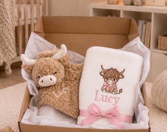Personalised baby gift set box highland cow embroidered baby shower newborn gift