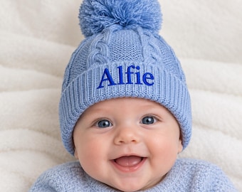 Personalised baby boy hat winter pom knitted embroidered name blue gift 0-12 months
