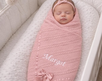 Personalised Baby Blanket Knitted With Bow Sherpa Reverse Newborn Boy Girl Unisex Gift