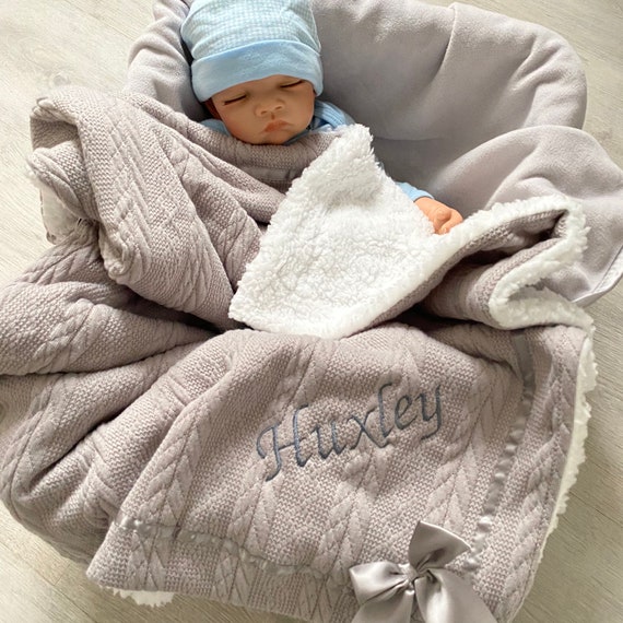 Personalised Baby Blanket Knitted Grey Bow Detail Sherpa Reverse