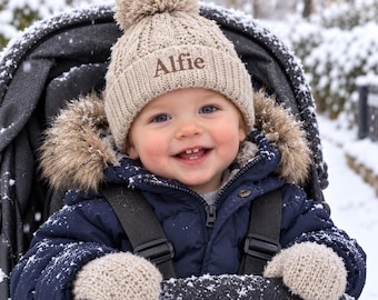 Personalised baby toddler hat winter pom knitted embroidered name biscuit boy girl gift 12-24 months