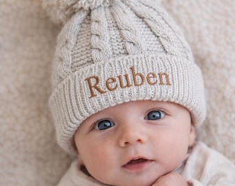 Personalised baby hat winter pom knitted embroidered name biscuit boy girl gift 0-12 months