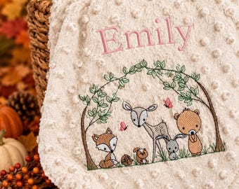 Personalised woodland animals baby blanket gift embroidered