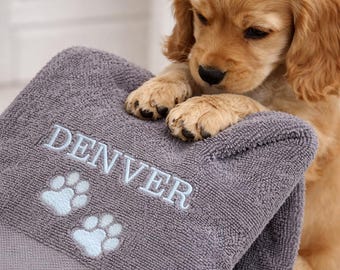 Personalised Dog Towel Bath Time Puppy gift Muddy Paws Walks Embroidered Grey