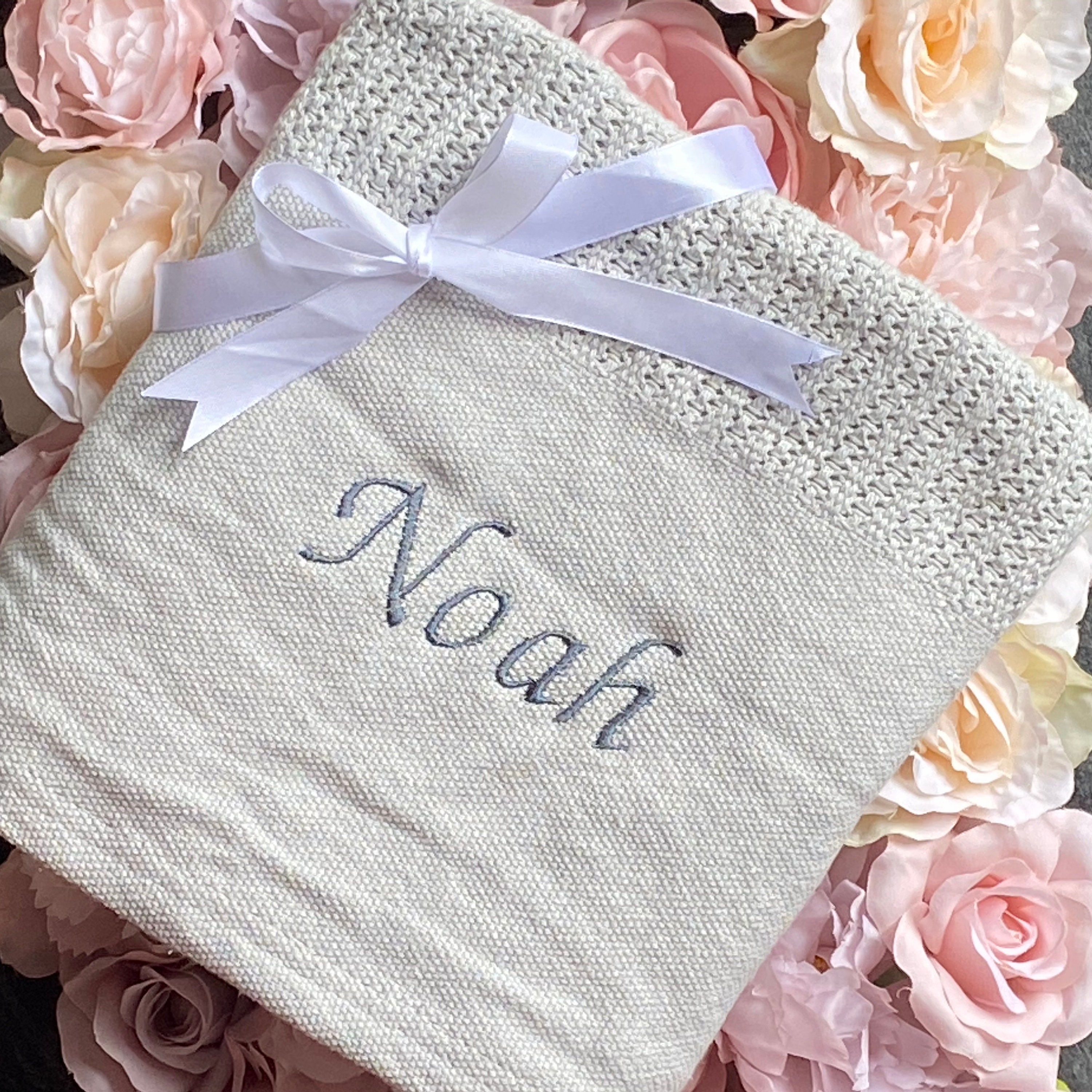 Personalised Baby Blanket Knit Embroidered Name Grey Cotton Etsy