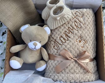 Couverture personnalisée pour bébé, coffret cadeau ours en peluche, couverture de naissance, cadeau de naissance, mousseline, jouet