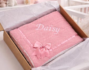 Personalised Baby Blanket In Gift Box Knitted with bow embroidered name newborn gift baby shower