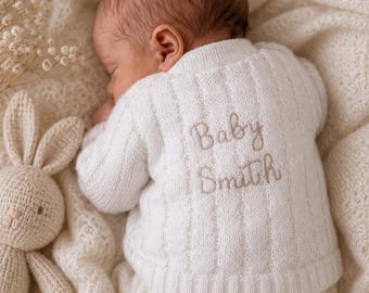 Personalised Baby Cardigan Knitted Embroidered Chain Stitch Font 0-3 Months New Baby Gift