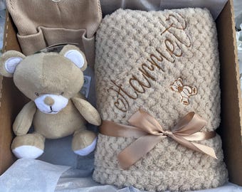 Personalised Baby Blanket gift Set Box Teddy bear soft toy hat embroidered name baby shower